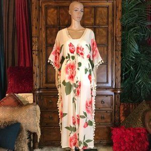 Chiffon Ivory Floral Tassel Tie Front Kimono Duster